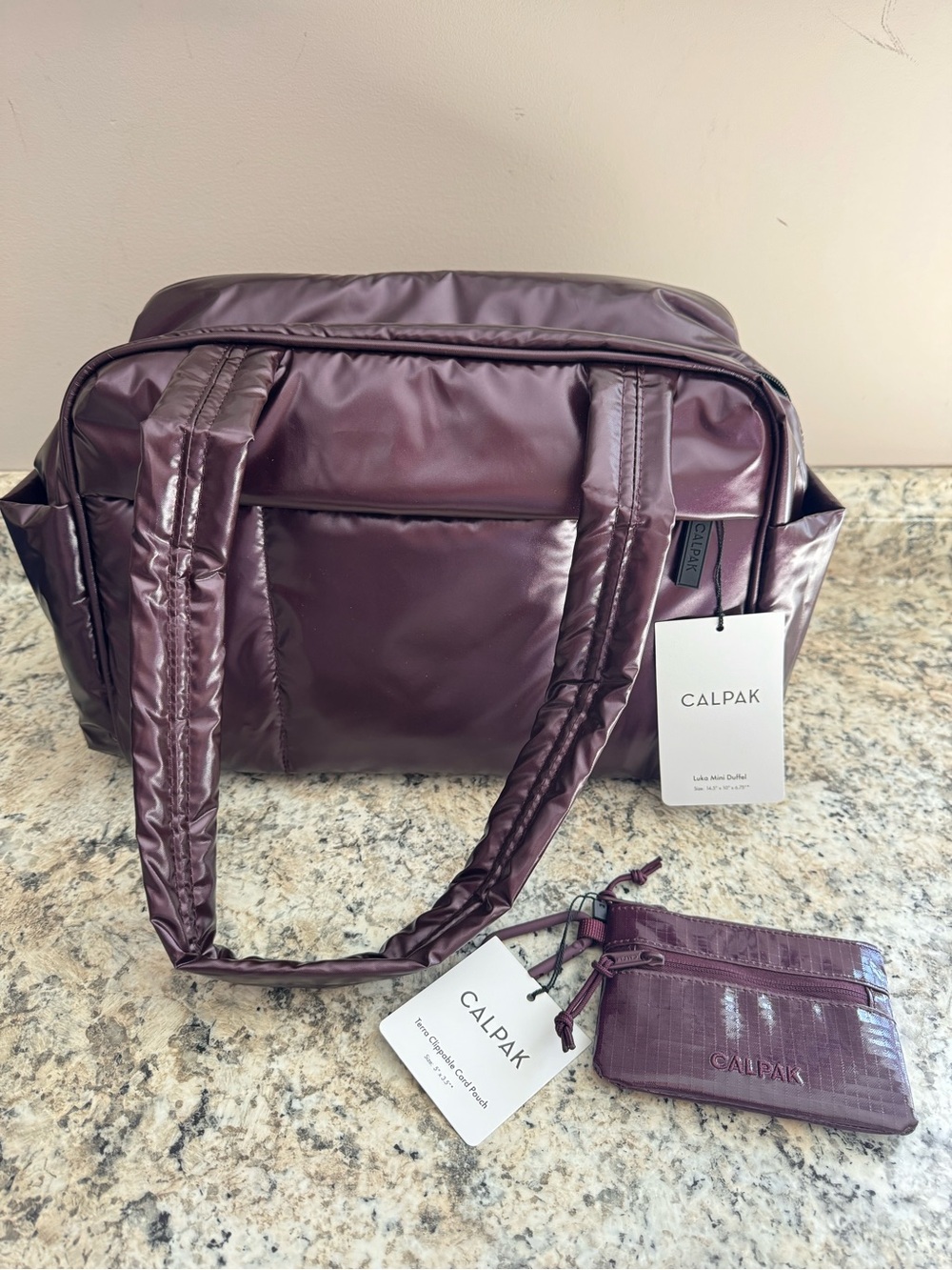 CALPAK Dark Cherry Luka Mini Quilted Tote Bag with Matching Card Pouch